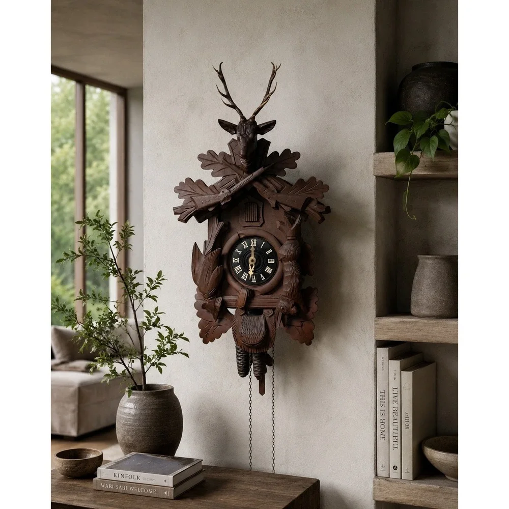 Vintage German Black Forest Cuckoo Clock Hunting Scene Stag Rifles Hand Carved
